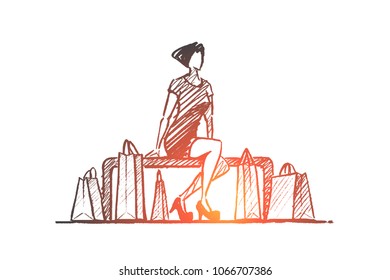 Vector hand drawn Shopping time concept sketch. Stylish woman in dress sitting on banch with shopping bags.