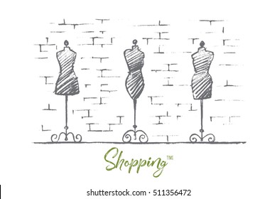 Vector hand drawn Shopping time concept sketch. Female body vintage mannequins in fashion store. Lettering Shopping time concept