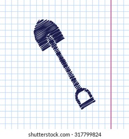 Vector hand drawn shovel icon on copybook . Industrial equipment 