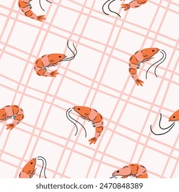 Vector hand drawn shrimp seamless pattern. shrimp on ligth pink diagonal linear grid background.  Sea food repeating design for fabric or wrapping paper, wallpaper