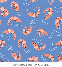 Vektorgrafik Handgezeichnete Shrimp nahtlose Muster. Shrimps auf blauem Hintergrund.  Sea Food Repeating Design für Stoff oder Packpapier, Bildschirmhintergrund