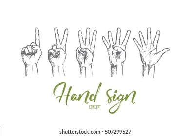 Vector hand drawn hand sign concept sketch. Human fingers showing numbers from one to five. Lettering Hand sign concept