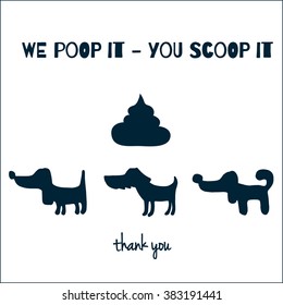 vector hand drawn sign with three dogs and dog poo and text in english 