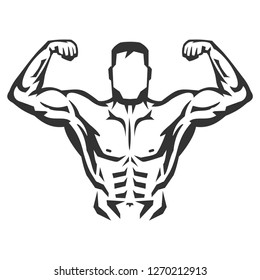 Vector hand drawn silhouette of bodybuilder isolated on white background. Template for sport icon, symbol, logo or other branding. Modern retro illustration.