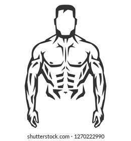 Vector hand drawn silhouette of bodybuilder isolated on white background. Template for sport icon, symbol, logo or other branding. Modern retro illustration.