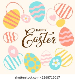 Vector hand drawn silhouette of Easter eggs and Happy easter lettering. Background with text message for banner, card