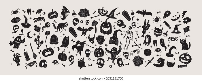 Vector hand drawn silhouette elements for Helloween greeting card and poster, party sign. Concept illustration with Sign and symbol. Flat design cartoon element.