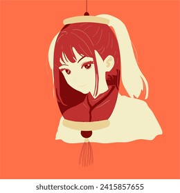 Vector hand drawn silhouette of a girl with a Chinese New Year lantern