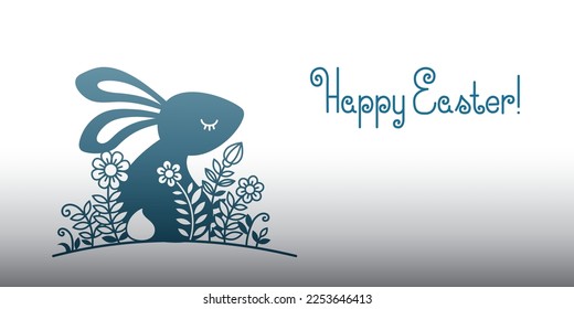 Vektorhandgezeichnete Silhouettengrafik mit Osterbrunnen und Blumen. Schöner horizontaler Banner mit Textnachricht Fröhlich Ostern, Hintergrund für Osterkarten, Laserschnitt