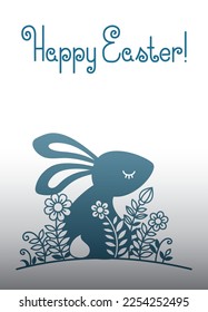 Vector hand drawn silhouette illustration with Easter bunny and flowers. Beautiful vertical banner with text message Happy easter, background cards for Easter