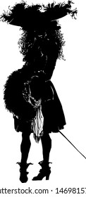 Vector hand drawn silhouette of man wearing 18 century clothes . History of fashion. Black on white