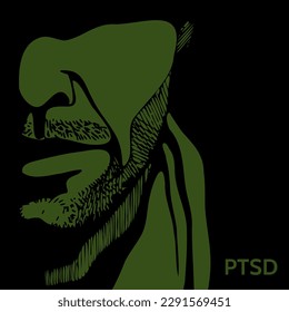silueta dibujada a mano vectorial de cabeza de soldado con sombra de casco. el veterano de guerra tiene depresión, salud mental y problemas emocionales, trastorno de estrés postraumático. rehabilitación de veteranos. PTSD