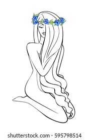 Vector hand drawn silhouette of a young beautiful naked woman with very long hair and a wreath of flowers on her head