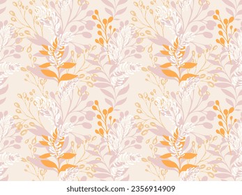 Vector hand drawn silhouettes branches leaves seamless pattern. Artistic, modern, monotone, monochrome yellow, beige, light print. Template for textile, fashion, print, surface design