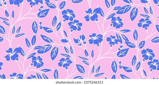 Vector hand drawn silhouettes flowers branches and leaves seamless pattern. Artistic, simple, colorful pink blue print. Template for design, fabric, fashion, textile, wallpaper