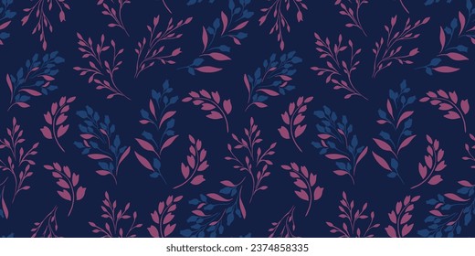 Vector hand drawn silhouettes, lines bunches of branches, tiny leaves seamless pattern. Simple, retro, vintage black blue print.  Template for design, fashion, wallpaper, fabric, interior decor
