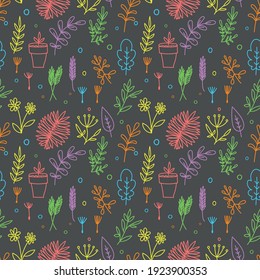 Vector hand drawn simple colorful flowers on dark gray background. Floral seamless pattern with flowers for textile, wallpaper, bedding