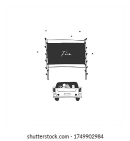 Vector hand drawn simple illustration. Car cinema. For branding and business identity. For movie houses, shops and cafe. Fin, the end.