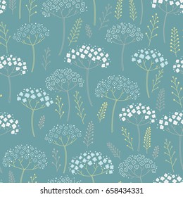 Vector hand drawn simple pattern with spring flowers in blue colors