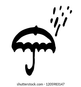 vector hand drawn simple sketch illustration of a gloomy open umbrella in a rain with drops in autumn black on white background