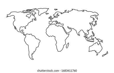 Vector hand drawn simple style illustration of the Planisphere - Line contour drawing of the world map isolated on white background