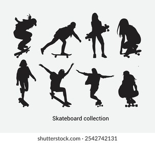  Vector hand drawn skateboard skating silhouette set