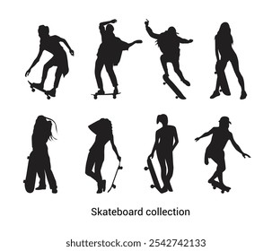  Vector hand drawn skateboard skating silhouette set