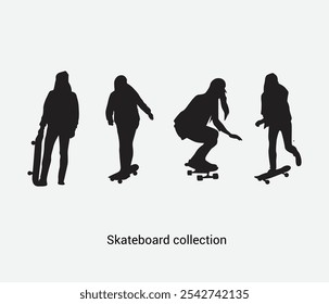  Vector hand drawn skateboard skating silhouette set