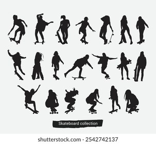  Vector hand drawn skateboard skating silhouette set