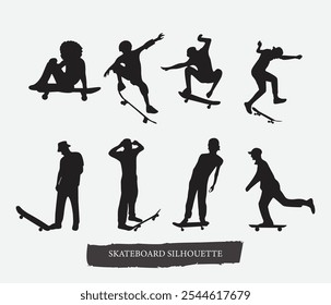 Vector hand drawn skateboard skating silhouette set	