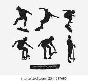 Vector hand drawn skateboard skating silhouette set	