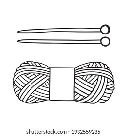 Vector hand drawn skein of yarn and knitting needles isolated on white background 