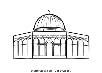 Vector Hand Drawn Sketch of the Al-Aqsa Mosque or Al-Quds in Palestine. Hand Drawn Dome of the Rock on the Temple Mount icon in outline style on a white background vector illustration. Religion Concep