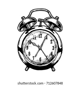 Vector hand drawn sketch of Alarm clock. Black and white illustration. isolated on white.