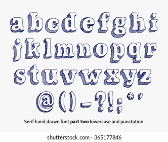 Vector hand drawn sketch alphabet, lowercase and punctuation