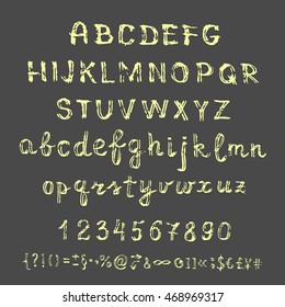 Vector hand drawn sketch alphabet, uppercase and numbers on a blackboard. Hand drawn chalk letters.
