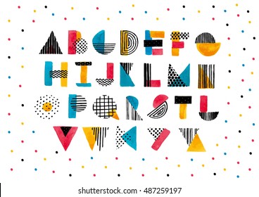 Vector hand drawn sketch alphabet. Geometric colorful letters font.