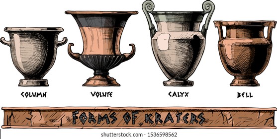 Vector hand drawn sketch of ancient greek vases set in ink hand drawn style. Forms of craters: column krater, volute krater, calyx krater and bell krater. Typology of Greek wine vessel shapes.