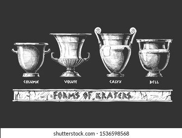 Vector hand drawn sketch of ancient greek vases set in ink hand drawn style. Forms of craters: column krater, volute krater, calyx krater and bell krater. Typology of Greek wine vessel shapes.