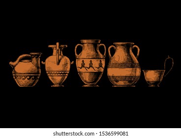 Vector hand drawn sketch of ancient greek vases set in ink hand drawn style.  Types of vases: Askos (pottery vessel), hydria, amphora, pelike, kyathos. Typology of Greek vase shapes.