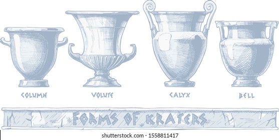Vector hand drawn sketch of ancient greek vases set in ink hand drawn style. Forms of craters: column, volute, calyx and bell. Typology of Greek wine vessel shapes.