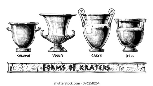 Vector hand drawn sketch of ancient greek vases set in ink hand drawn style. Forms: column, volute, calyx and bell. Typology of Greek wine vessel shapes.