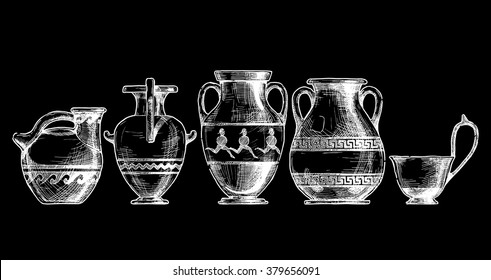 Vector hand drawn sketch of ancient greek set in ink hand drawn style.  Types: Askos (pottery), hydria, amphora, pelike, kyathos. Typology of Greek vase shapes.