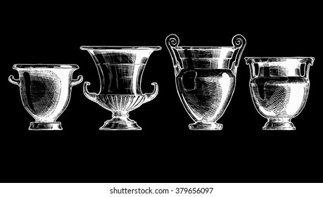 Vector hand drawn sketch of ancient greek vases set in ink hand drawn style. Forms: column, volute, calyx and bell kraters. Typology of Greek wine vessel shapes.