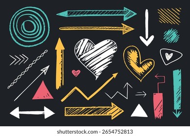 Vektor handgezeichnet Skizze Pfeillinie Herzelemente Grunge Scribble Brush Bleistift gezeichnet Formen für kreative Design-Projekte