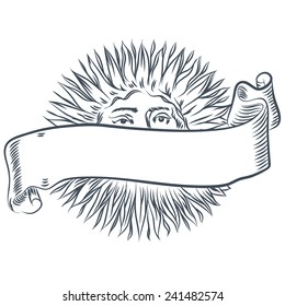Vector hand drawn sketch - banner with peeping from behind him the sun