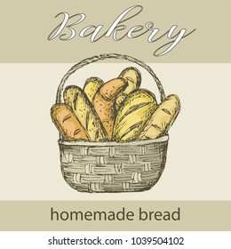 Vector hand drawn sketch basket with  different breads. Bakery logo.
