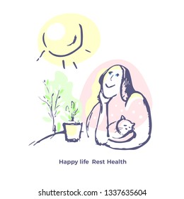 Vector hand drawn sketch. Beautiful smile woman in house with flower and funny cat Sun is shining brightly. Happy positive day. Healthy face, relax. Art graphic concept. Color human illustration 