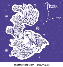  Vector hand drawn sketch of the beautiful fish in water. Image for calendar, horoscope.