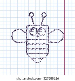 Vector hand drawn sketch bee icon on copybook. Doodle style 